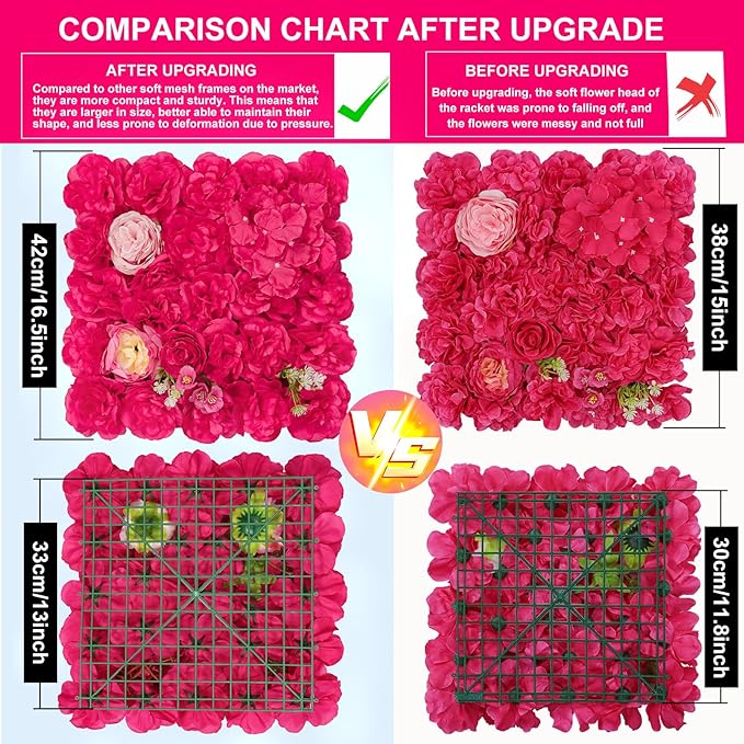 Flower Wall Backdrop 12 pcs 16.5x16.5 Inch Floral Wall Panel Artificial 3D Silk Rose Wall Decor Ideal for Wedding Celebrations, Festive Party Backdrops, and Home Decor-Rose Red
