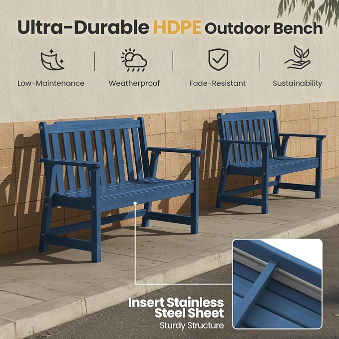 Ciokea 46" Heavy Duty Outdoor Bench, HDPE Weatherproof Garden Benches, Durable 2-Person Porch Benches with 660 Lbs, Waterproof Patio Bench for Outside Balcony Deck Backyard, Navy Blue