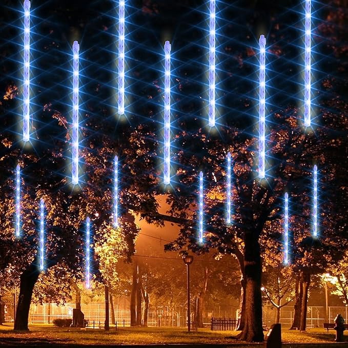Dazzle Bright Christmas Lights Outdoor, 288LED Meteor Shower Rain Lights 12 Inch 8 Tubes, Waterproof Plug in Falling Icicle Light Christmas Decorations for Xmas Tree Yard House Decor (Blue)
