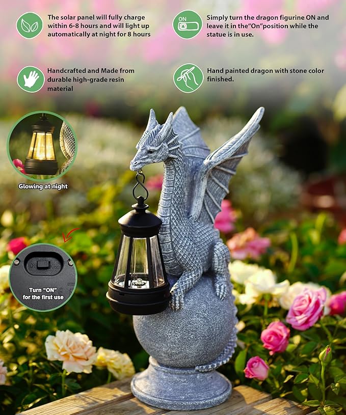 Dragon on Ball with Solar Lantern Statues: Garden Decor Outdoor Decorations Art Figurine for Patio Balcony Yard Lawn
