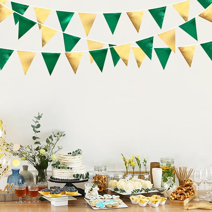 Green Gold Party Decorations Metallic Fabric Triangle Pennant Banner Flag Bunting Garland for Graduations Birthday Retirement Wedding Baby Shower Spring Summer Master Golf Theme Outdoor Party Supplies