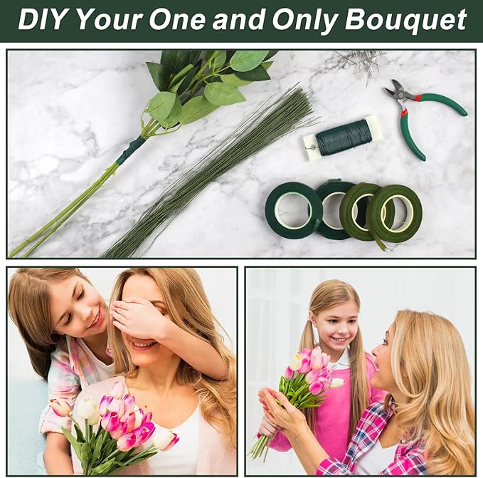 DSUWAZU Floral Tape and Wire Arrangement Tools Kit, Green Tape, Boutonniere Pin for Bouquet Stem Wrap, Florist and Wreath Making Supplies