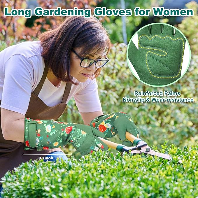 DLY Gardening Gloves,Leather Rose Gloves,Women's Long Gardening Glove for Work and Yard Work,Durable and Comfortable(Medium, Green