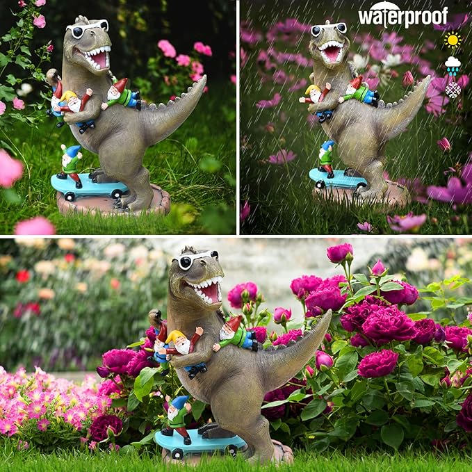 Garden Statue Outdoor Decoration, Cool Dinosaur Play Skateboard with Gnomes Figurines, Indoor Outdoor Decor Art for Patio Lawn Yard, Housewarming Garden Gift…