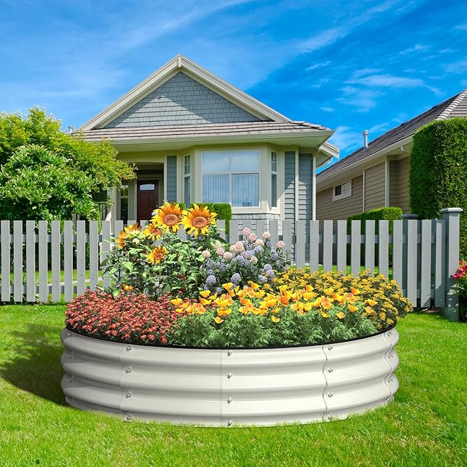 4x4x1 FT Galvanized Raised Garden Bed, Large Round Raised Garden Beds Outdoor Raised Planter Box, Raised Beds for Gardening Vegetables Flower Herb(Pearl White)