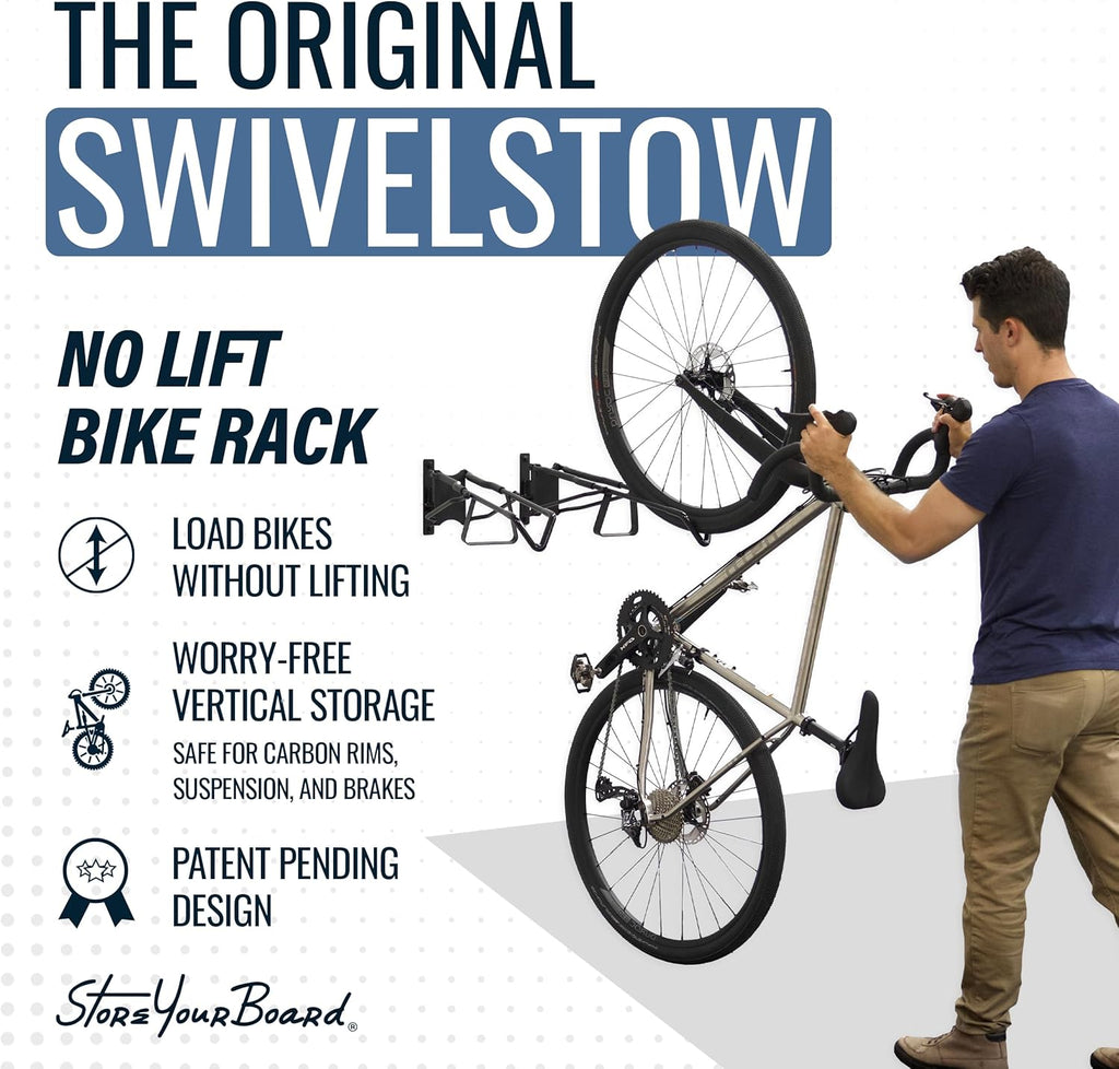 StoreYourBoard SwivelStow Road & Gravel Bike Storage – Heavy Duty Bike Hanger, No-Lift Bike Wall Mount for Garage Bike Storage, Holds 70 lbs, Patent-Pending
