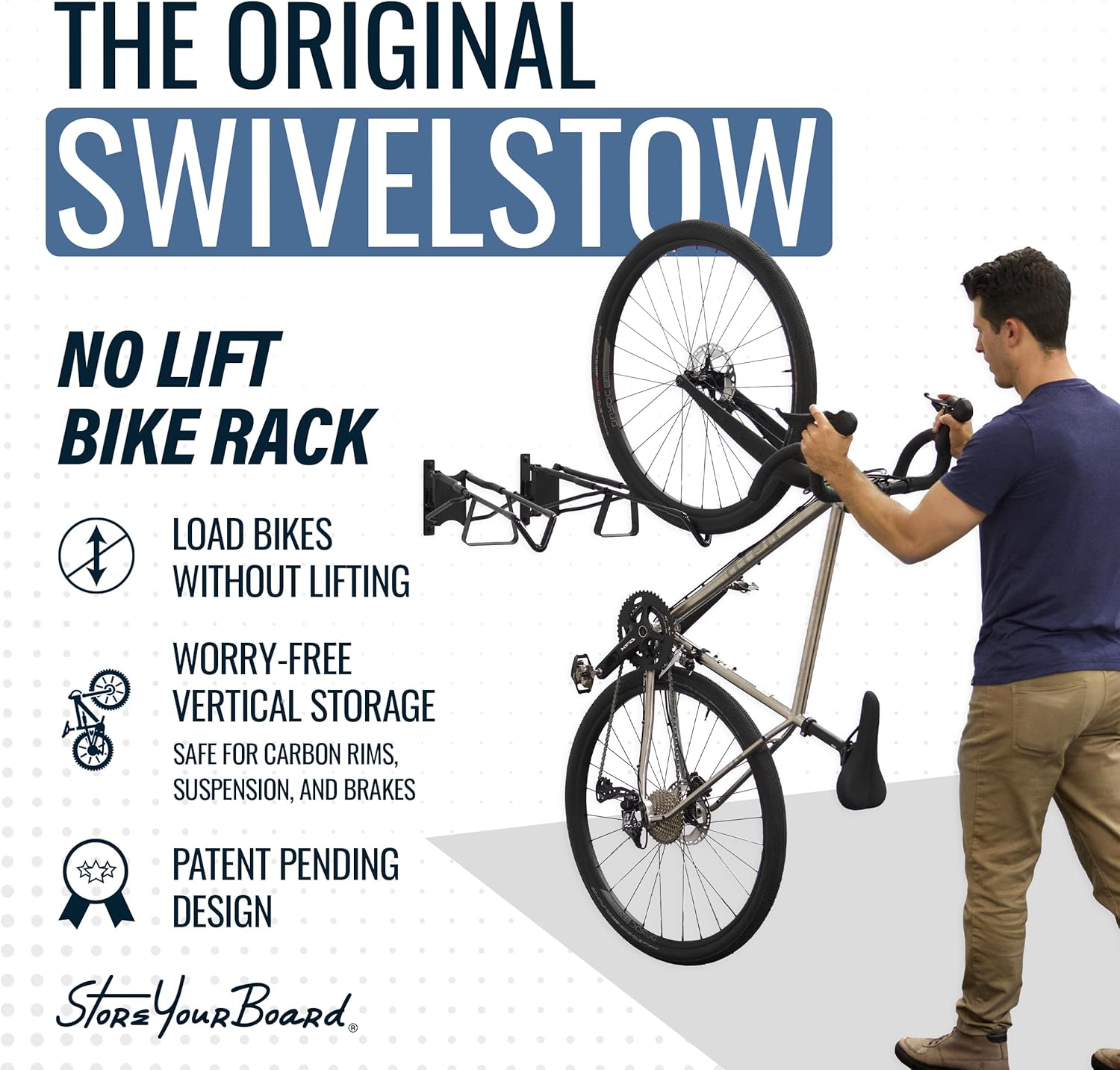 StoreYourBoard SwivelStow Mountain Bike Storage – Heavy Duty Bike Hanger, No-Lift Bike Wall Mount for Garage Bike Storage, MTB and E-Bike, Holds 70 lbs, Patent-Pending