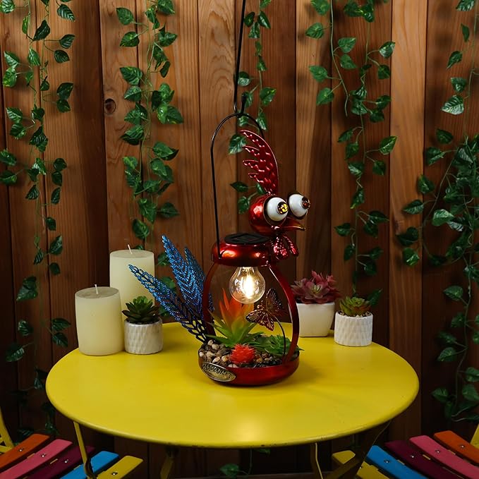 Alpine Corporation LYT286SLR-HH Solar-Powered Metal Rooster w/Garden Enclosed LED Light Decor, Solar Patio Decor, 16''H, Red