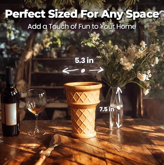 Fun & Unique Ice Cream Cone Flower Planter Charming 7" Tall Ceramic Vase for Indoor & Outdoor Home Decor – Quirky Retro Garden Art for Plant Lovers