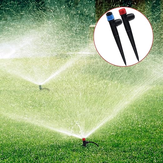 50 PCS Quick-Connect Drip Irrigation Emitters with Adjustable Water Flow - Sprayer for 1/4 inch Irrigation Tubing - 360 Degree Sprayer Perfect for Irrigation System Watering Kit(Red & Blue)