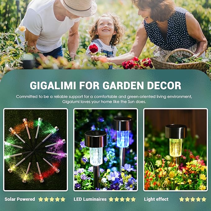 GIGALUMI Solar Lights Outdoor Waterproof, 12 Pack, Stainless Steel LED Solar Garden Lights for Patio, Lawn, Yard and Landscape, Garden Decor Patio Decor,Multicolor