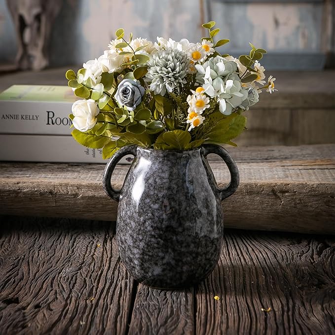 Black Ceramic Vase with 2 Handles, Modern Farmhouse Decor, Rustic Terracotta Pottery, Decorative Flower Vases, Clay Small Vase, Centerpiece for Dining Table - 7 Inch Tall