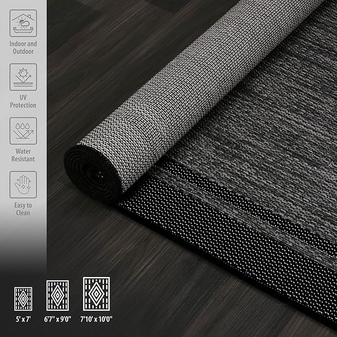 CAMILSON Indoor Outdoor Rug, 5x7 Bordered Dark Grey Black Modern Area Rugs for Indoor and Outdoor Patios, Kitchen and Hallway Mats, Washable Porch Deck Outside Carpet (Bordered Black, 5 x 7)
