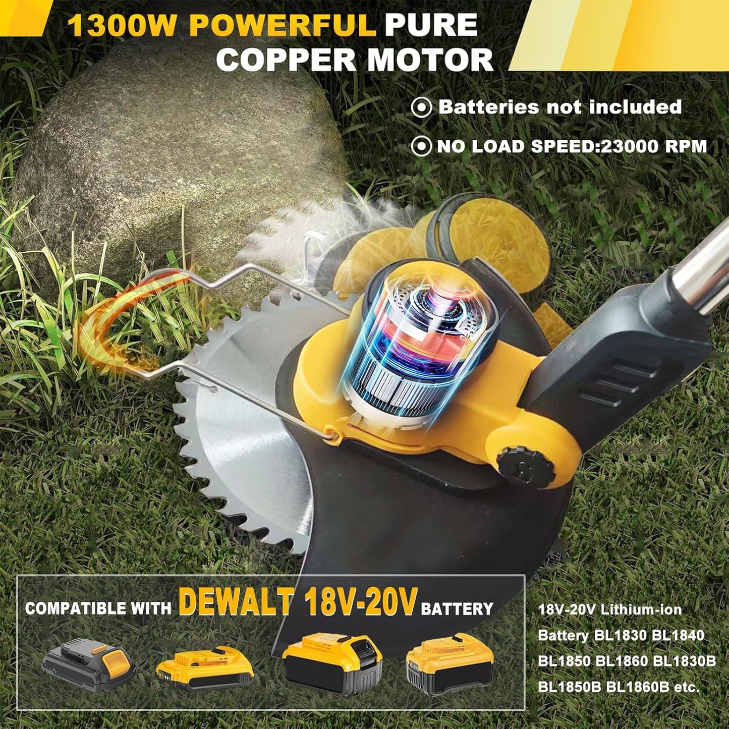 Cordless Weed Wacker for Dewalt 20V Battery, 4 in 1 Weed Eater Battery Powered, 1300W Lightweight Cordless Weed Wacker, Brush Cutter for Lawn, Yard and Bush Trimming (No Battery)