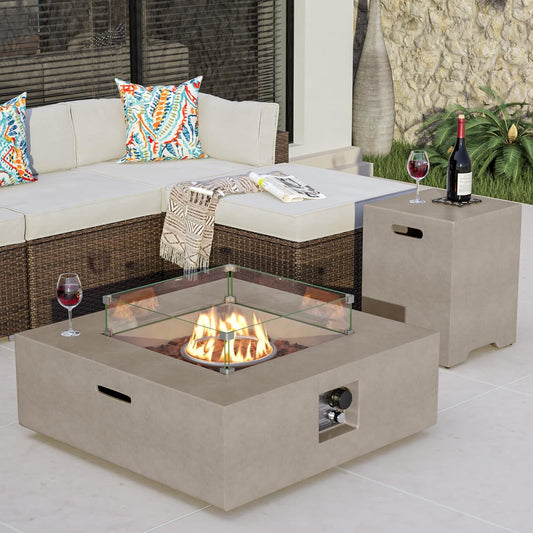 COSIEST 35-inch Square Outdoor Sandstone Propane Fire Pit w Wind Guard and Side Table, CSA Certified, 50,000 BTU Stainless Steel Burner, Free Lava Rocks and Rain Cover, Metal Lid(Gray)