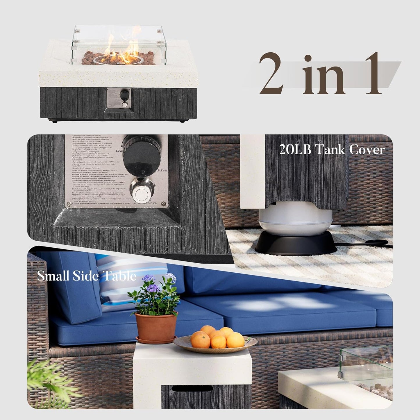 COSIEST 35" Outdoor Propane Fire Pit Table w Tank Cover & Wind Guard, Square Gas Fire Pit Table with Concrete & Wood Grain Design, 50000BTU CSA Certified Fire Tables for Patio, Backyard, Garden
