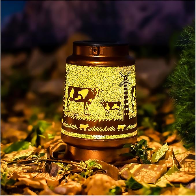 Cow Solar Lanterns Outdoor Waterproof Hanging Solar Lights Cow Gifts for Women Men Metal Decorative LED Cow Lanterns for Garden Decor,Yard,Patio,Lawn,Tabletop,Pathway,Landscape, Brown