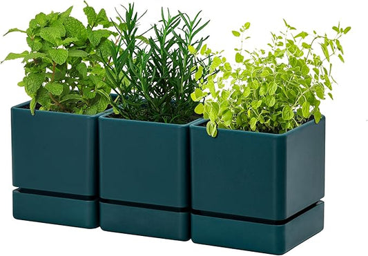 4 Inch Herb Planter Pot, Plastic Planter with Drainage Holes and Saucer, Modern Decorative Gardening Pot for Indoor Plants, Flowers, Herbs, Succulents, Green, Set of 3, 76-Y-C-3