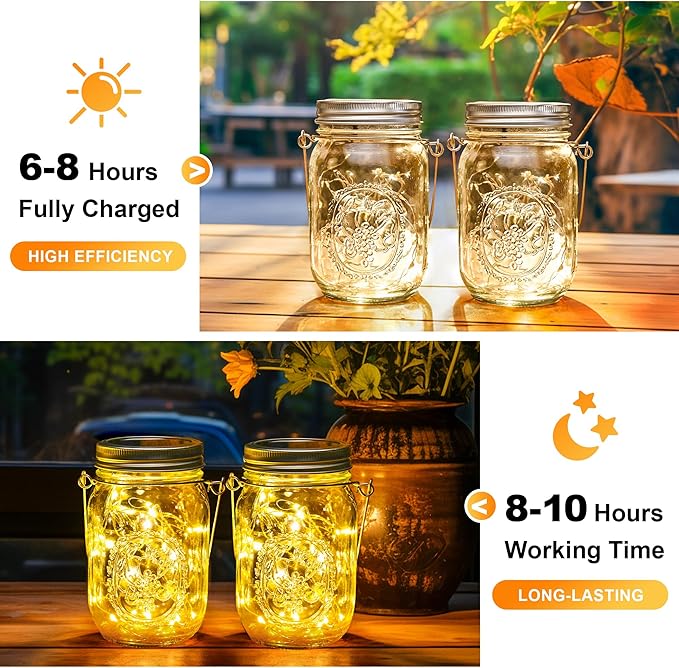 GIGALUMI Hanging Mason Jar Solar Lights, 6 Pack 30 Led Tinplate Lids Hanging Solar Lanterns Outdoor Waterproof, Hangers and Jars Included, Outdoor Decor for Balcony, Garden, Patio, Yard, Wedding