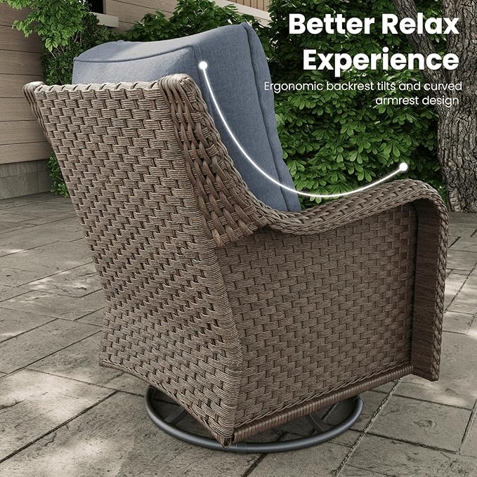 7 Pieces Outdoor Patio Furniture Sets with Rocking Swivel Chairs with 6-inch Thick Cushion and Side Table for Deck Lawn