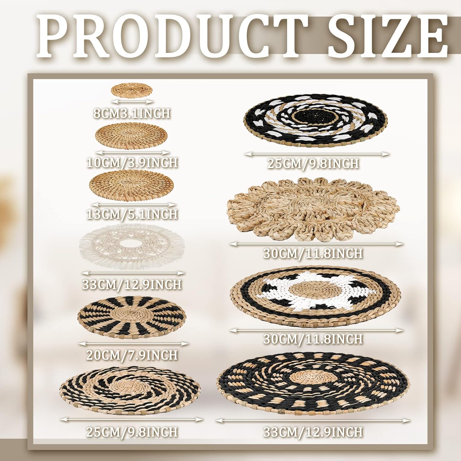 Tatuo 11 Pcs Boho Wall Basket Decor Decorative Bulrush Woven Basket Wall Decor Art Round Farmhouse Hanging Baskets for Kitchen Rustic Home Summer Decorations, Multi Sizes(Boho)