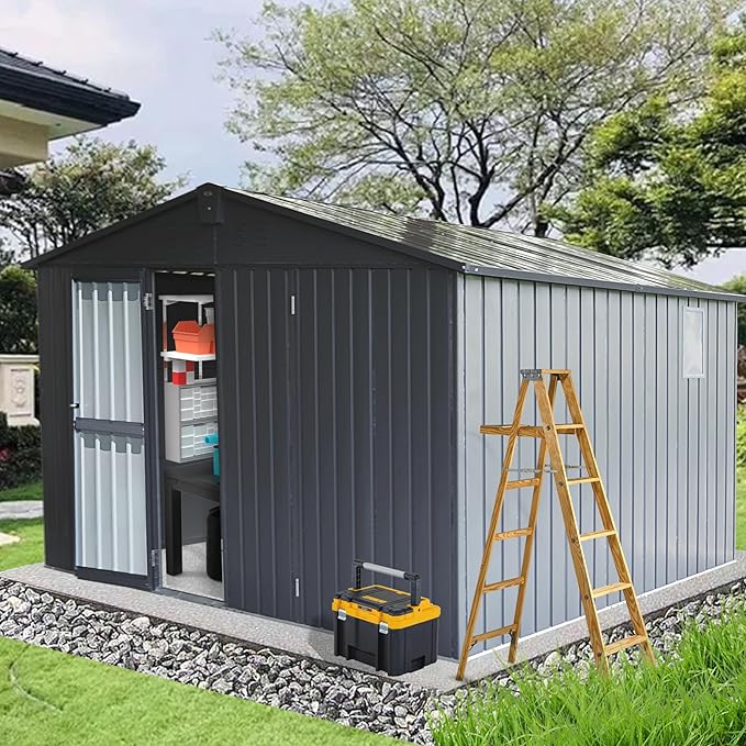 Domi Backyard Storage Shed 11’ x 12.5’ with Galvanized Steel Frame & Windows, Outdoor Garden Shed Metal Utility Tool Storage Room with Lockable Door for Patio(Dark Gray)