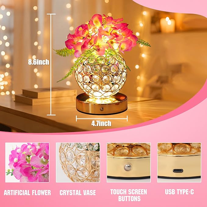 Purple Artificial Hydrangea Flower Lamp, 3 Color Dimmable Touch Control Night Light, Christmas Birthday Gifts for Women, Artificial Hydrangea Flower Table Lamp Decor Bedroom Bar Coffee Shop Wedding