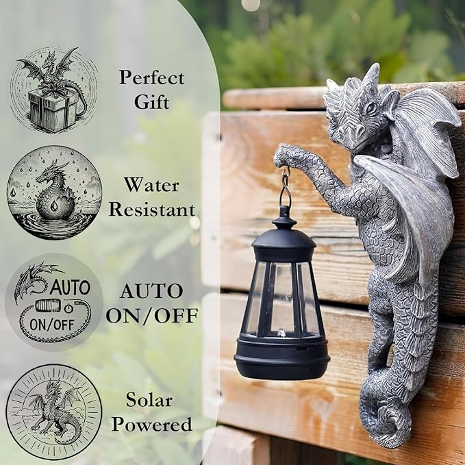 Dragon Statue Solar Lantern for Garden Décor, Dragons Figurine Night Light, 10”Outdoor Decorative Lamp, Mountable on Trees/Walls/Fences. Birthday/Housewarming Gifts for Dragon Fans