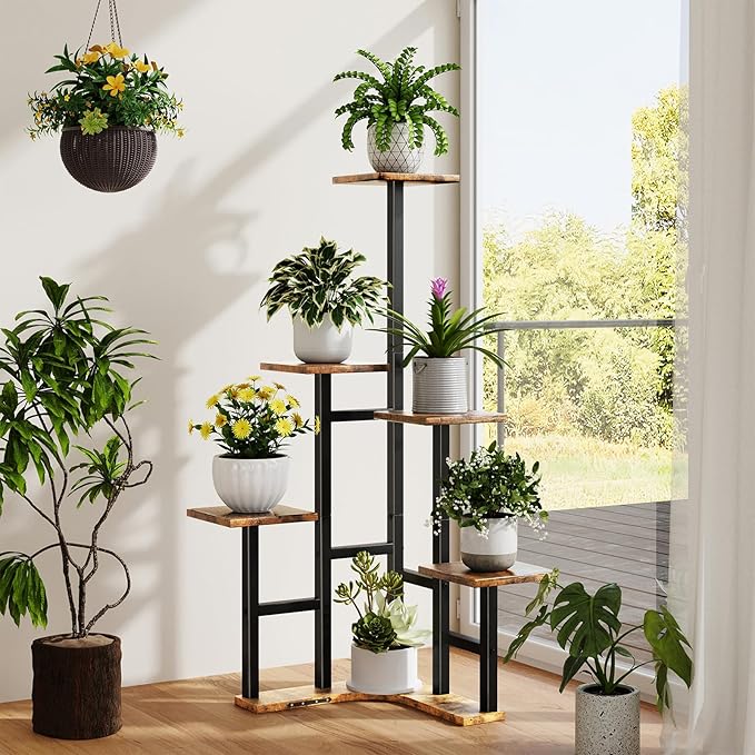 Corner Plant Stand Indoor, 6 Tier Corner Plant Shelf Flower Stand for Multiple Plants, Plant Shelves Organizer Rack for Living Room, Balcony, Patio, Garden, Square Rustic Brown