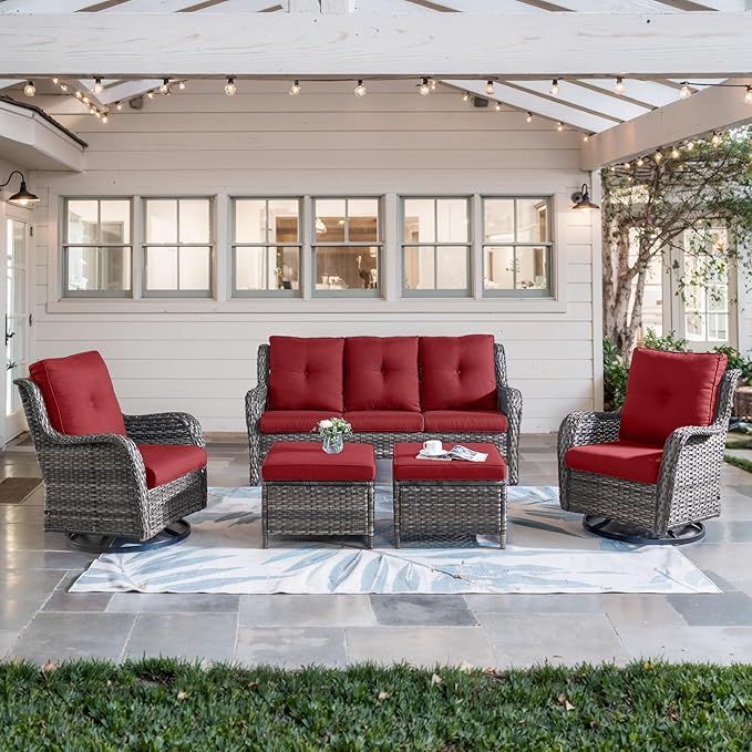 5 Piece Outdoor Patio Furniture Set - Wicker Furniture Patio Conversation Set, Outdoor Swivel Rocker Chairs with 3-Seater Sofa and 2 Ottomans for Small Space, Red Cushion