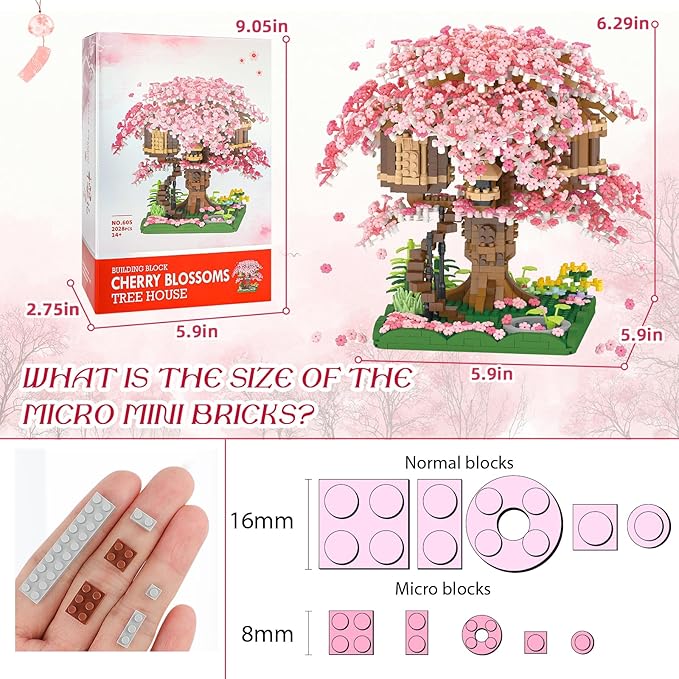 Cherry Blossom Bonsai Tree Mini Micro Building Set, Japanese Sakura Tree House Model Sets for Adults, Flowers House Mini Bricks Building Kit, Creative Gift Toys for Kids 12-14 (2028PCS)