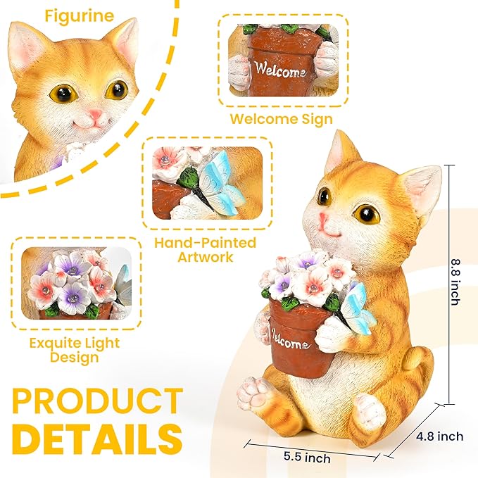 GIGALUMI Solar Garden Decor Flower Pot Cat Statues Outdoor, Birthday Gifts for Women, Gifts for Mom Grandma Senior Elder, Cat Ornament for Balcony, Garden, Patio, Yard, Lawn