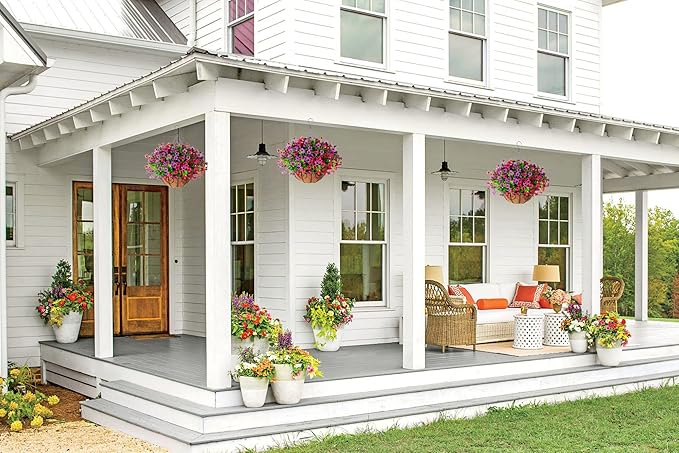 Artificial Faux Hanging Plants Flowers Basket for Spring Summer Outdoor Outside Decoration, Fake Silk Colorful Daisy Eucalyptus in Planter UV Resistant Realistic for Porch Patio Balcony Yard