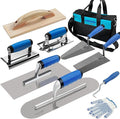 10PCS Concrete Trowel Set, Masonry Hand Tool Set Includes Large Flat Finishing and Pool Trowel, Wood Float, Concrete Edger and Groover, Margin Gauging, Wire Twister, Gloves & Carry Bag