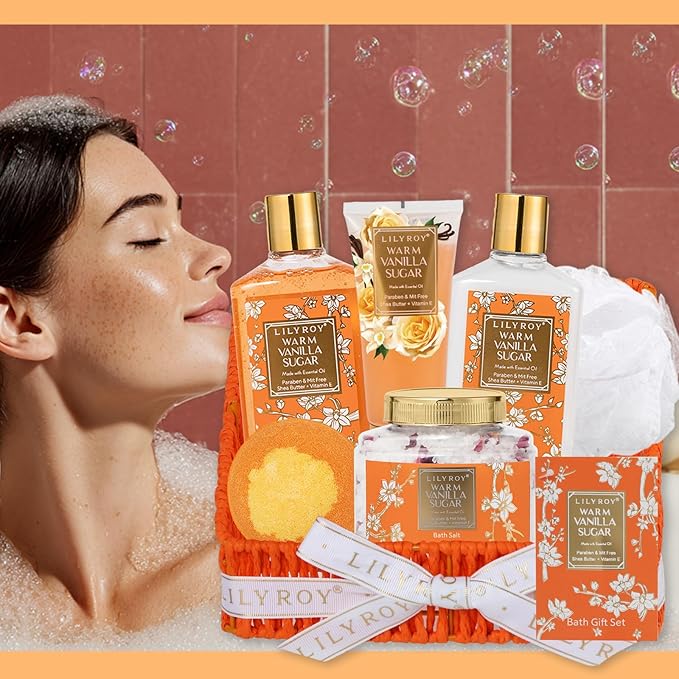 Christmas Gifts for Women - 7 Pcs Vanilla Bath and Body Gift Basket Set Spa Gift Basket Set for Women with Bath Bomb | Perfect Valentine's, Birthday, Mothers Day for Mom, Gift Set for Her All Occasion