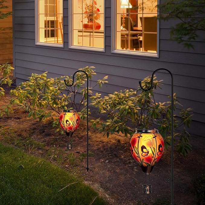 Butterfly Flower Solar Hot Air Balloon Lantern with Flame, Glass Balloon Lantern Outdoor Waterproof Lights, Hanging Solar Lights for Outside Garden Patio Porch Tree Yard Gift for Mom