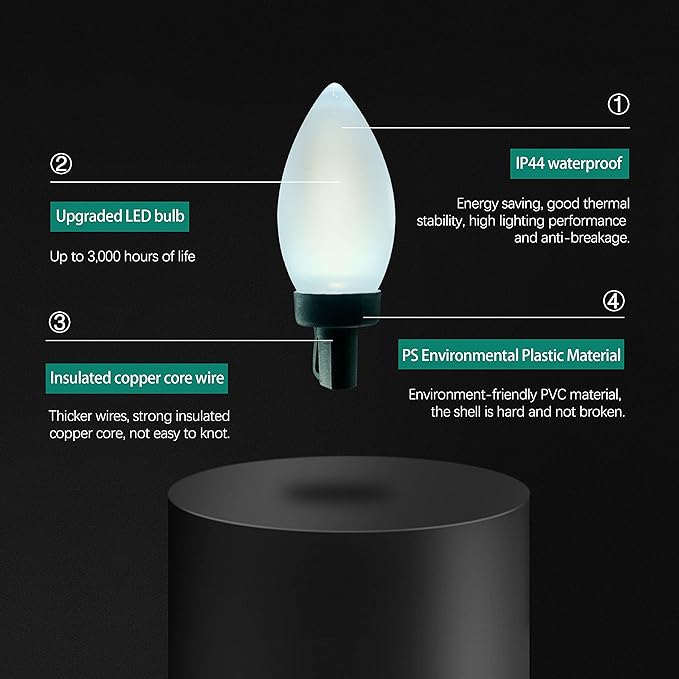 C9 Christmas Lights Outdoor 50 LED Cold White Strawberry Waterproof String Lights Xmas Tree Indoor Decoration Plug in 34.5 Feet Used for Home Festive Courtyard Patio Garden(Cold White)