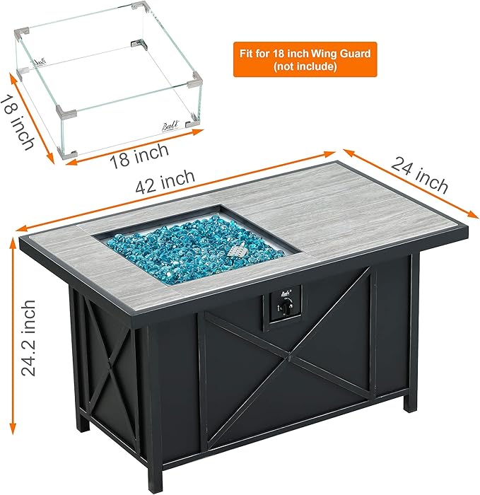 BALI OUTDOORS 42 inch 50,000 BTU Rectangular Propane Gas Fire Pit Table with Fire Glass and Table Lid, Fire Pits Outdoor for Garden, Patio, Backyard