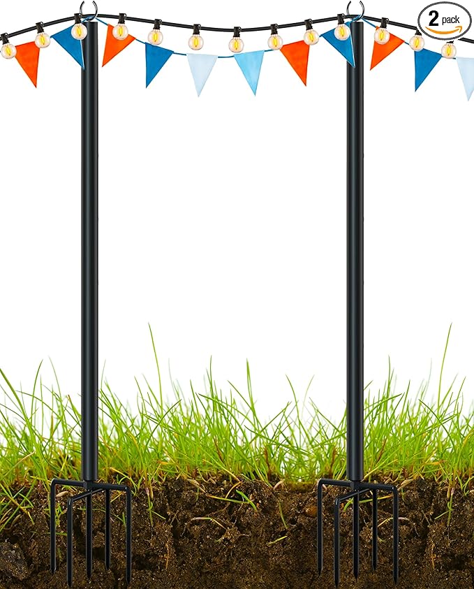 LAND·VOI Metal String Light Poles for Outside Hanging - Backyard, Garden, Patio, 2 Pack Lighting Stand with Adjustable Height for Outdoor Parties, Wedding, Extra-Long 5-Prong Claws, (9.6FT) FLP02B