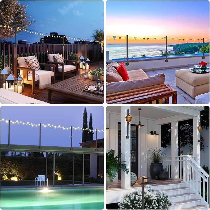 Suchtale 4 Pack 2.8 FT String Light Poles, Suspension Outdoor Fence Post Lights with Clip and Bracket, Outside String Lights Hanging, Wall Mounting Stand for Patio Garden Backyard Wedding Party, Black