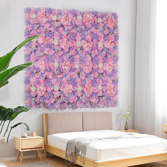 Flower Wall Backdrop12 pcs 16.5x16.5 Inch Floral Wall Panel Artificial Silk Rose Wall Decor Ideal for Wedding Celebrations, Festive Party Backdrops, and Home Decor-Pink and Purple