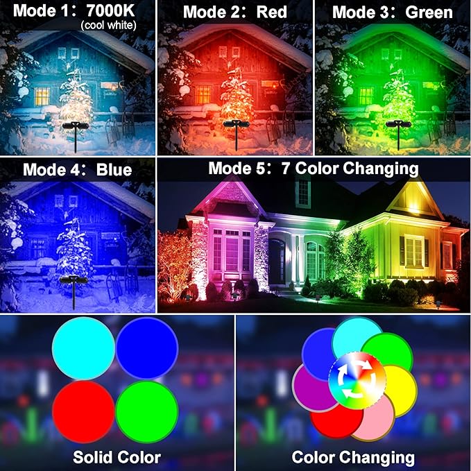 EMANER Outdoor Solar Spot Lights, Dusk to Dawn Solar Powered Landscape Spotlight Stay On, 5 Modes Super Bright Colorful Solar Stake Light for Exterior Halloween Christmas Decorations, 4-Pack