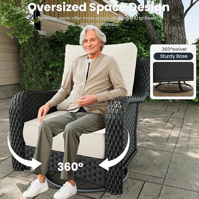 8 Pieces Outdoor Patio Furniture Sets with Rocking Swivel Chairs with 6-inch Thick Cushion and Fire Pit Table for Deck Lawn