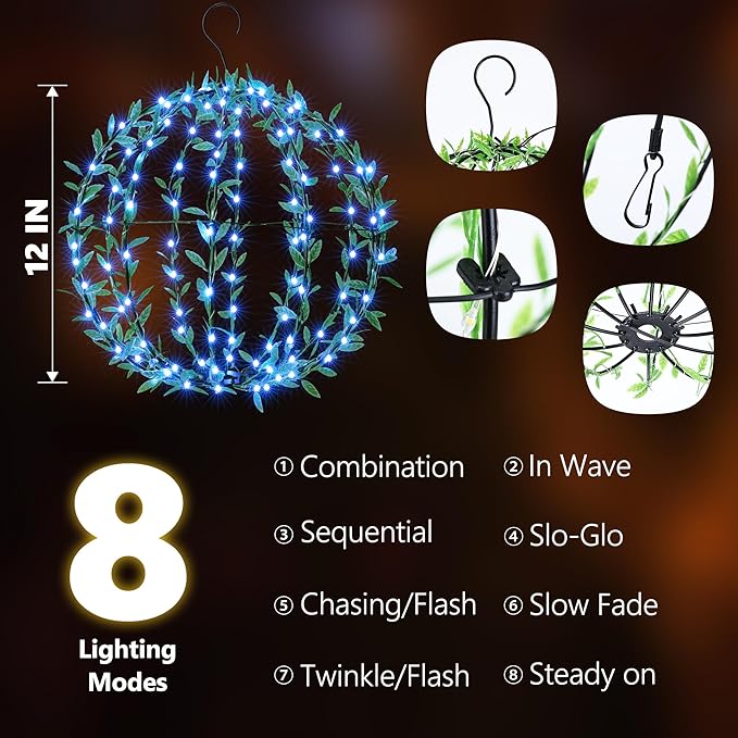 Flacchi Hanging Iron Sphere Lights with Artificial Greenery – 12Inch 120 LED Waterproof Outdoor/Indoor Decor Ball Light with Timer & 8 Modes – 2 Pack for Garden, Christmas, Weddings (Blue)