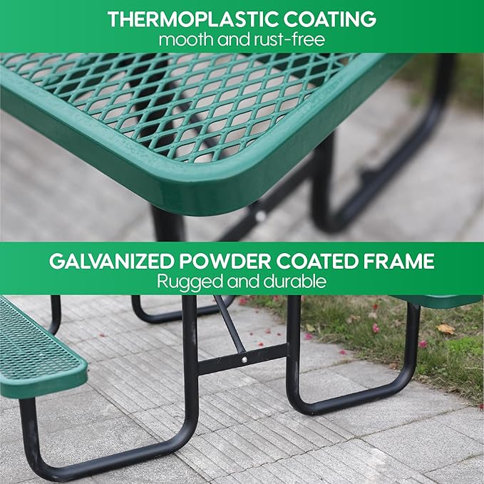 6FT Metal Picnic Tables for Outdoors, Commercial Rectangular Picnic Table and Bench Set for Outside, Patio, Garden, Backyard, Porch, Surface Mount, Green