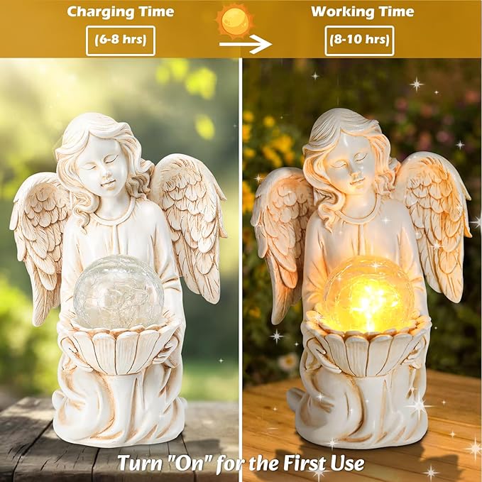 Angel Statues for Garden - Guardian Ange with Light - 8.3" Waterproof Outdoor Angel Memorial Scupture, Solar Angels Figurines Holding Glass Balls for for Patio, Yard, or Cemetery
