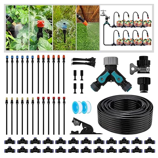 Garden Drip Irrigation Kit, 100ft Black Hose, 360° Pure Copper Closeable Nozzle, Patio Misting Plant Watering Sprinkler, Faucet Separator, Sprinkler Hose Adapter (24 360° nozzles + 24 T-connectors)