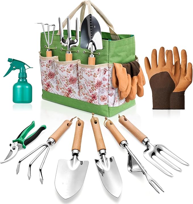 Gardening Tools of 9 Pieces | Stainless Steel Heavy-Duty Gardening Hand Tools with a Delicate and Durable Storage Bag and Anti-Slip Rubber Gloves | Garden Tools Make Ideal Gardening Gifts for Women