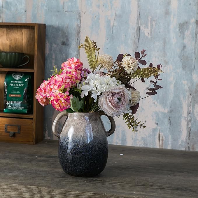 Brown Gradient Ceramic Vase with 2 Handles, Modern Farmhouse Decor, Rustic Terracotta Pottery, Decorative Flower Vases, Clay Small Vase, Centerpiece for Dining Table - 7 Inch Tall