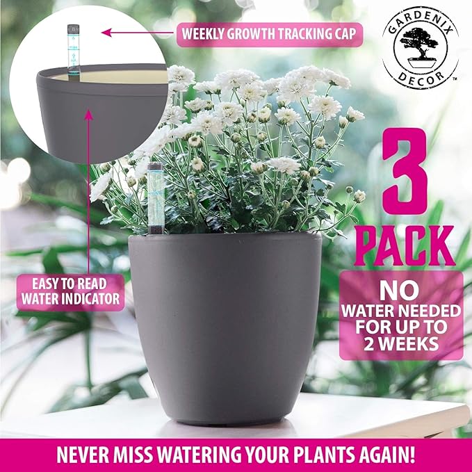 GARDENIX DECOR 7'' Self Watering planters for Indoor Plants - with Water Level Indicator for Flower Pot , Grow Tracking Tool - Coco Coir - Gray 3 Pack